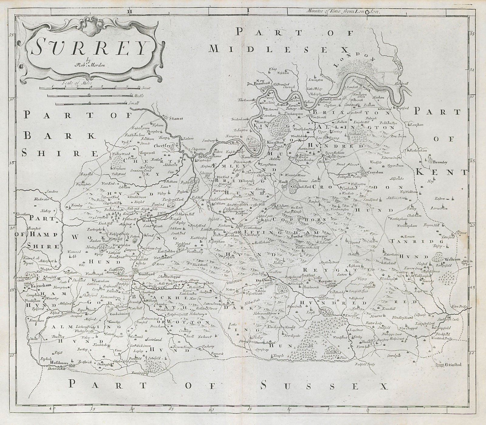 SURREY by ROBERT MORDEN from Camden's Britannia 1722 old antique map chart